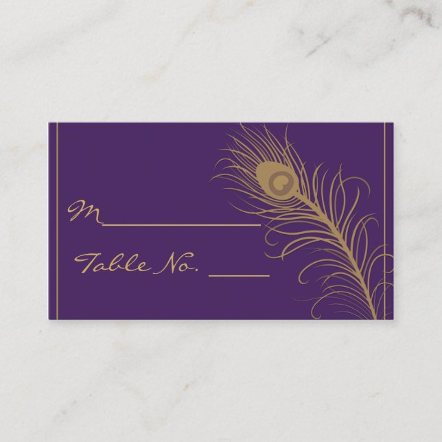 Cartão De Lugar Pluma de Pavão em Plum Place Dourada e Roxa (Frente)