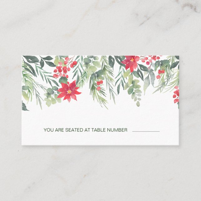 Cartão De Lugar Poinsettia Pine Green Foliage Red Berry Place Card (Frente)