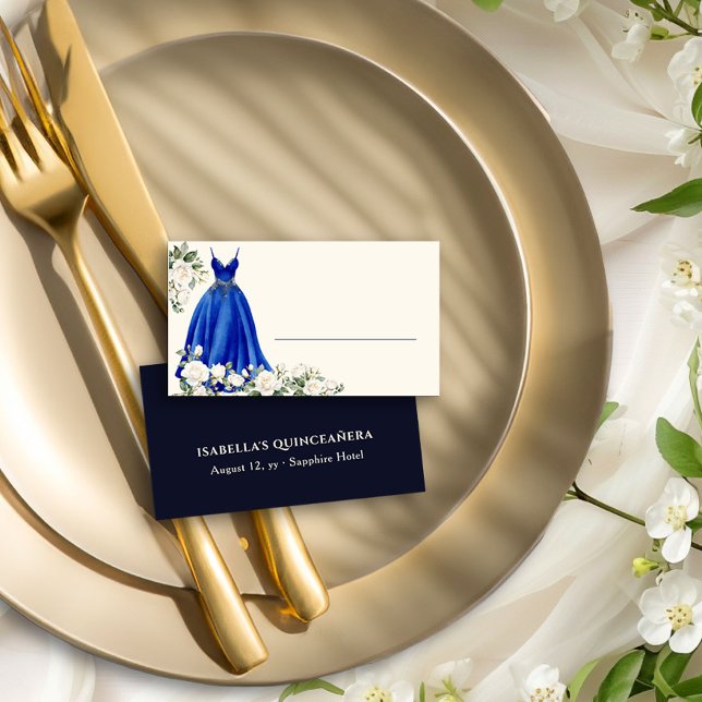 Cartão De Lugar Real Blue Princess Dress Personalizado (Table place cards from the Princess Dress and Roses Quinceanera collection by Darling & May)