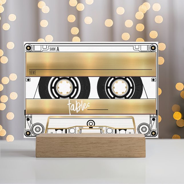 Cartão De Lugar Retro Gold Cassette Tape Wedding Flat Place Card (Retro cassette tape gold black vinyl record music theme flat wedding 50th birthday table place card)