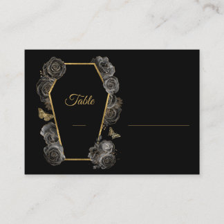 Cartão De Lugar Rosas Pretas e Douradas Caixão Casamento Flat Goth