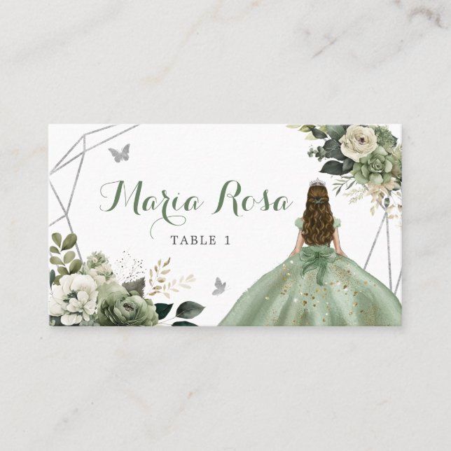 Cartão De Lugar Sage Green Floral Geométrico Princesa Quinceañera (Frente)