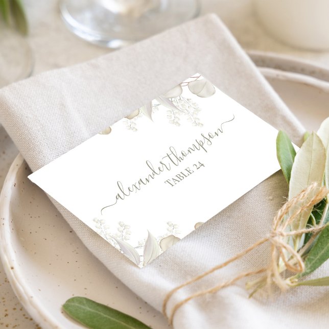 Cartão De Lugar Sage Green Wedding Greenery Name (Sage green foliage calligraphy script table number card.)