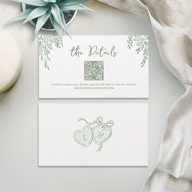 Cartão De Lugar Sage Hand Drawn Whimsical Wedding QR code Details (Sage Hand Drawn Whimsical Wedding QR code Details Place Card)
