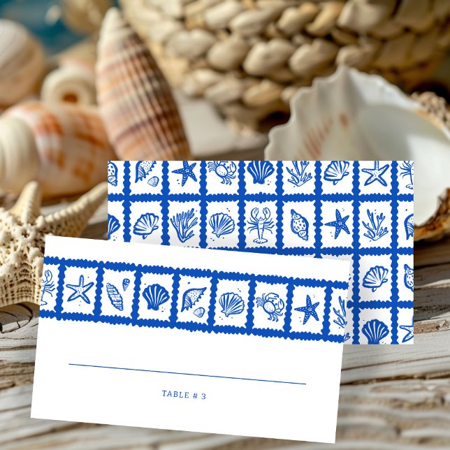 Cartão De Lugar Seashell Grid Beach WedOM (Seashell Grid Beach Wedding CUSTOM Place Card
)