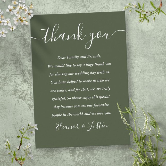 Cartão De Lugar Signature Script Wedding Olive Green Obrigado (Signature Script Wedding Olive Green Thank You Place Card)