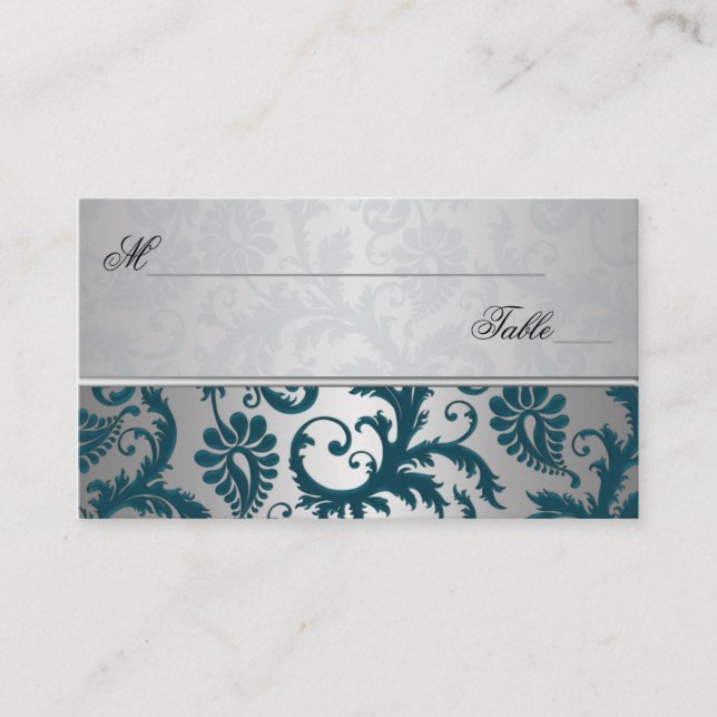 Cartão De Lugar Silver and Teal Damask II Place Cards (Frente)