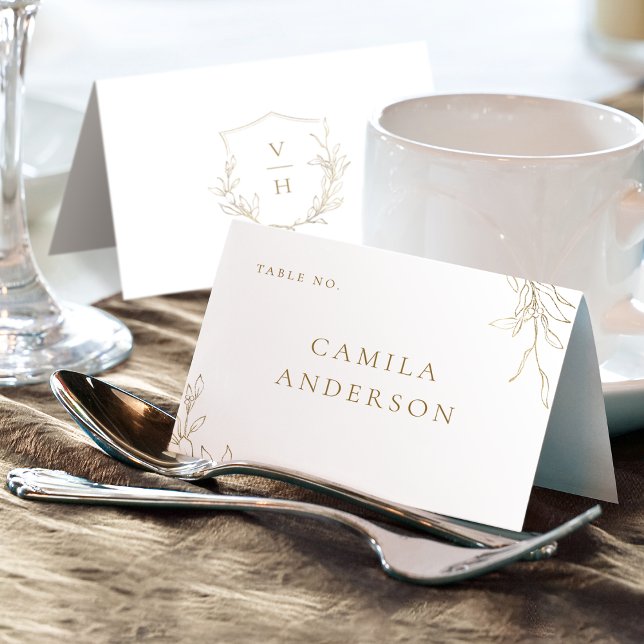 Cartão de lugar simples Dourado monograma da crist (Gold simple botanical crest monogram place card)