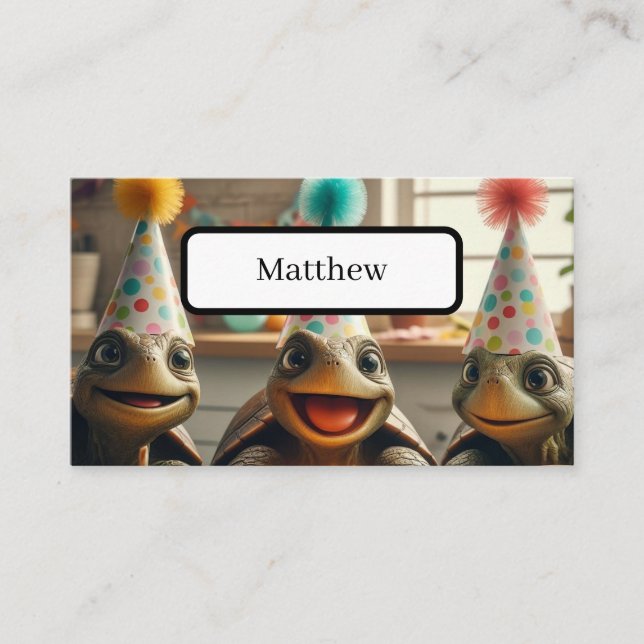 Cartão De Lugar Tartarugas personalizadas com bolo e chapéus de an (Frente)