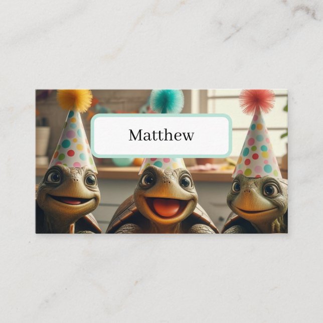 Cartão De Lugar Tartarugas personalizadas com bolo e chapéus de an (Frente)