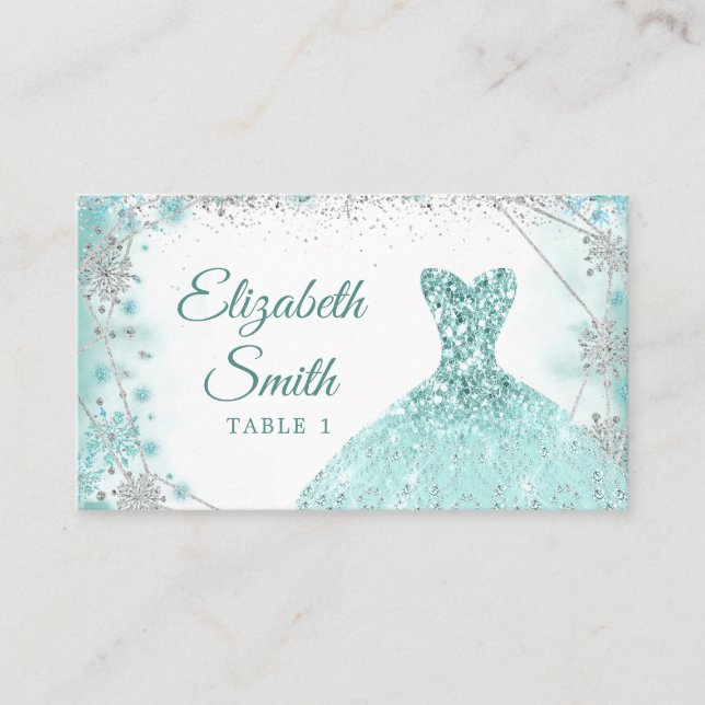 Cartão De Lugar Teal Silver Snowflake de Natal Quinceañera (Frente)