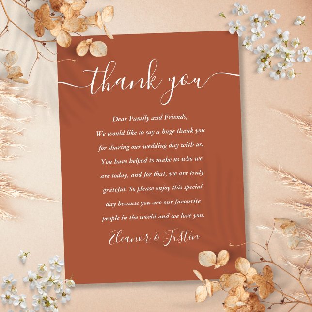 Cartão De Lugar Terracotta Script Obrigado Casamento (Terracotta Script Thank You Wedding Place Card)