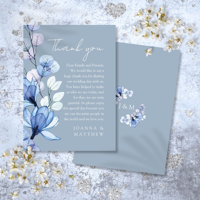 Cartão De Lugar Transparent Floral Dusty Blue Casamento Obrigado (Transparent Floral Dusty Blue Wedding Thank You Place Card)