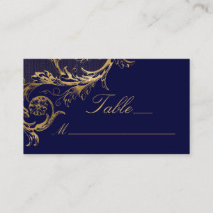 Cartão De Lugar Vintage Blue Floral Dourado Casamento de Script de