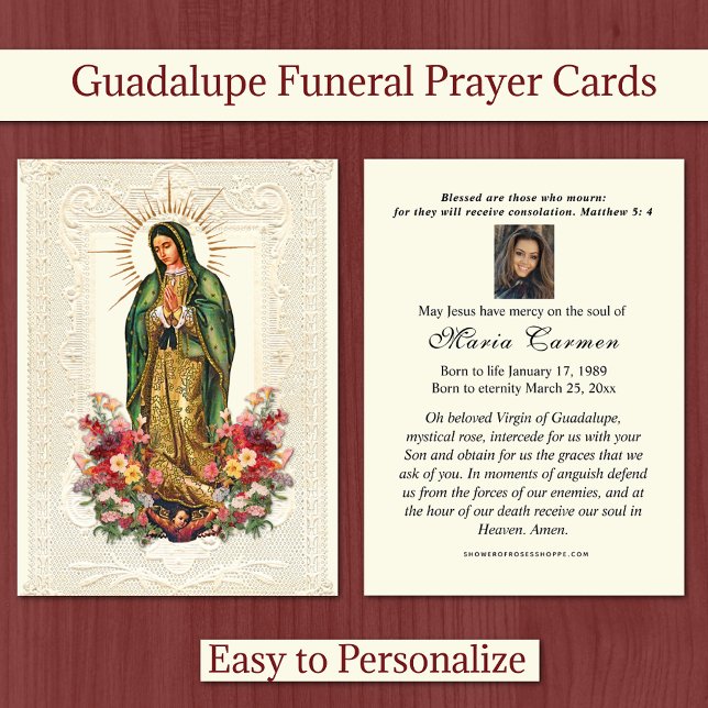 Cartão De Lugar Virgem Religiosa Mary Funeral Guadalupe (Catholic Our Lady of Guadalupe Funeral Prayer Cards - Easy to personalize! )