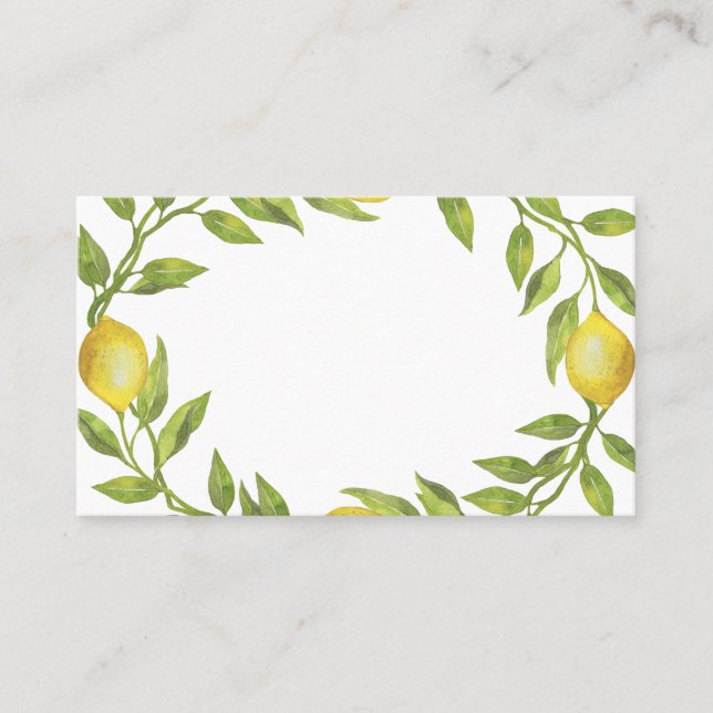 Cartão De Lugar Watercolor Lemon Greenery Wreath Wedding (Frente)