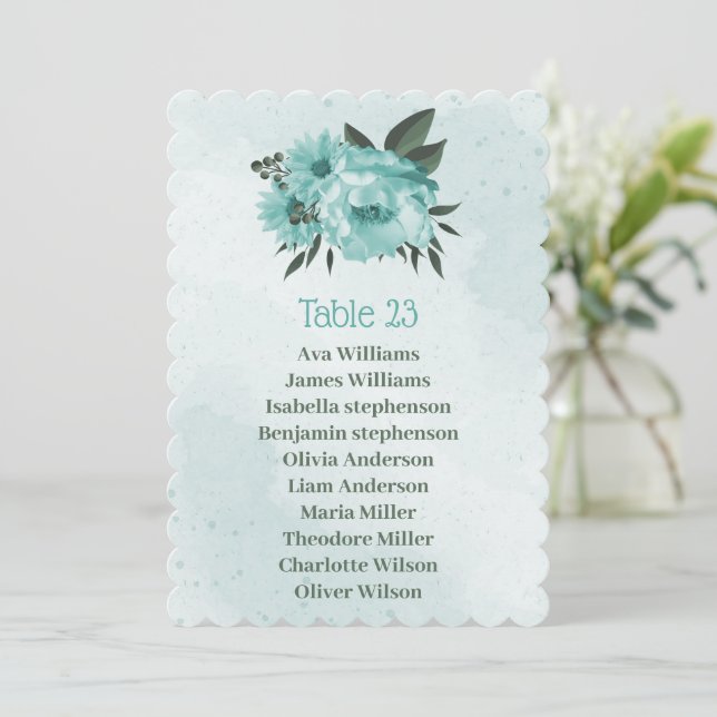 cartão de lugares verdes com flores azuis (Em pé/Frente)