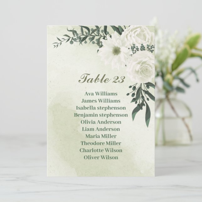 Cartão de lugares verdes com flores brancas bonito (Em pé/Frente)