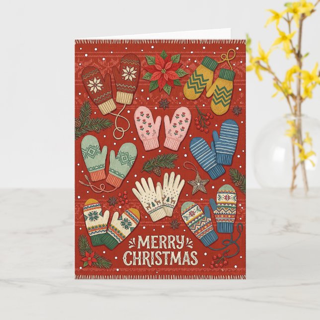 Cartão de Luvas de Inverno Feliz Natal (Flor Amarela)