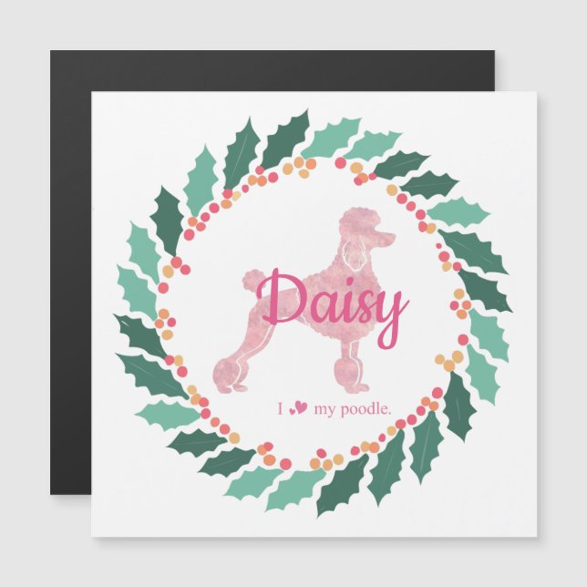 Cartão de Magneta de Natal de Poodle Cor-de-Rosa P (Frente/Verso)