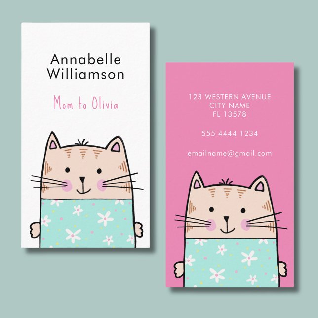 Cartão de mamãe de gato bonito (Cute cat mommy calling card. Perfect for parent networking and play dates.)