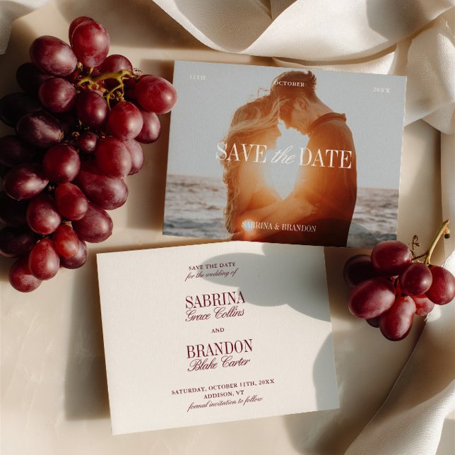 Cartão de Marcação de Data de Casamento Foto Elega (Elegant Photo Ivory & Burgundy Save the Date Card)