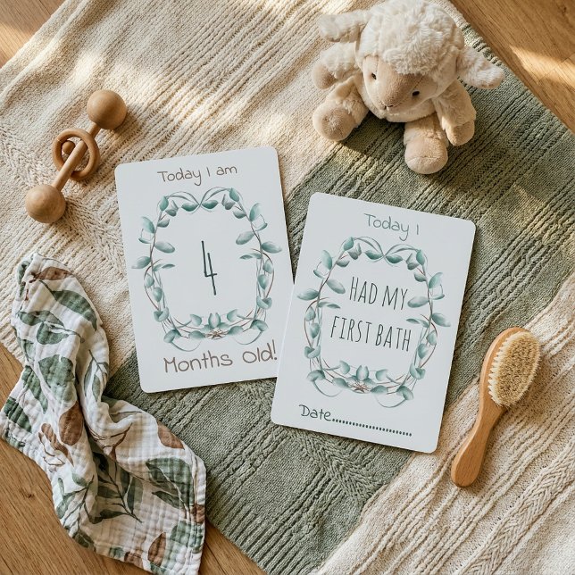 Cartão de marco duplo azul bebê com borda floral (Double blue Baby Milestone Card floral border.)