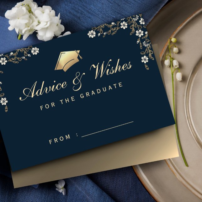 Cartão de marinho Azul Dourado com Aviso de Gradua (Elegant navy blue and gold graduation advice enclosure cards, floral Frame Luxury Graduation #advice)