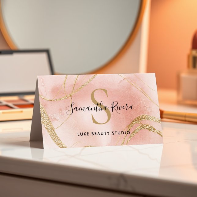 Cartão de Mármore Rosa Personalizado com Brilho Do (Marble Card with Gold Glitter)