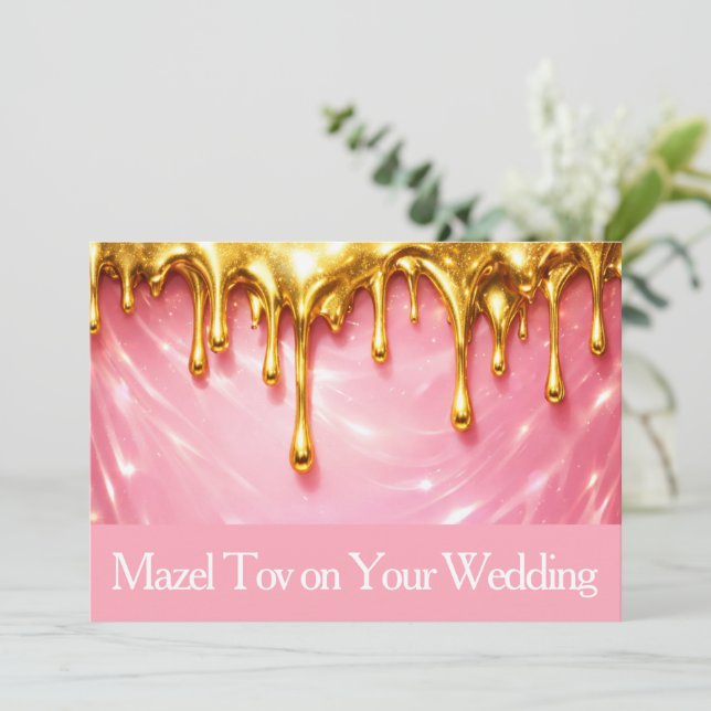 Cartão de Mazel Tov para Casamento, Rosa com Doura (Em pé/Frente)