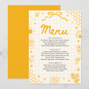 Cartão de Menu Abelha Mel com Xadrez Amarelo Desen