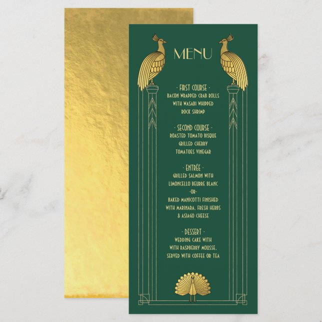 Cartão de menu Art Deco Dourado e Geen Peacock Wed (Frente/Verso)