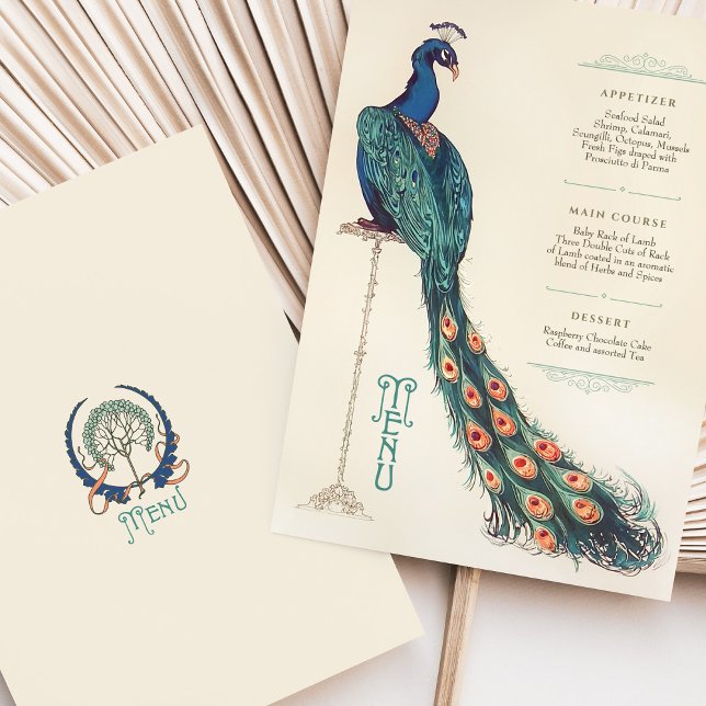 Cartão de Menu Art Nouveau Peacock Wedding (Criador carregado)