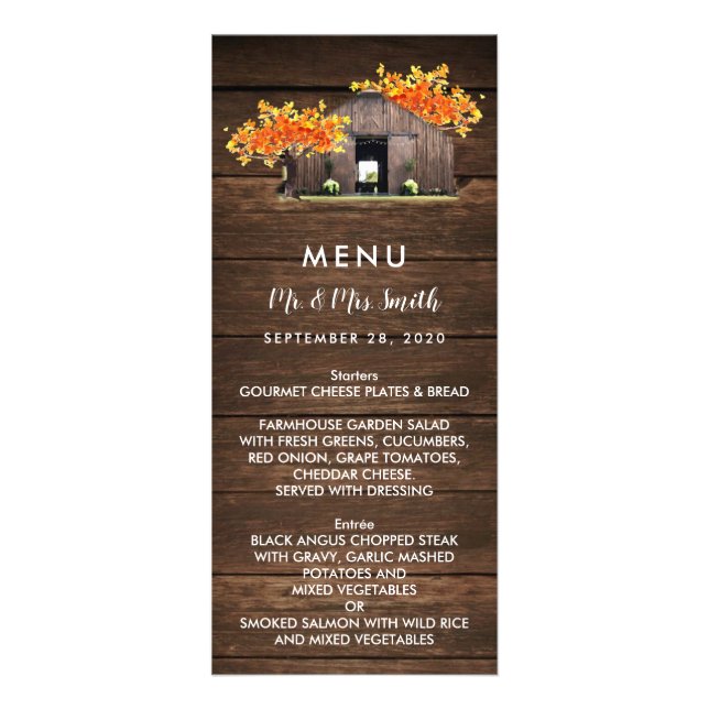 Cartão de Menu Autumn Fall Rustic Barn Wedding (Frente)