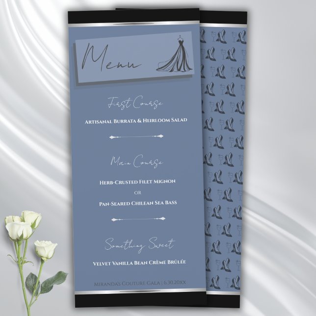 Cartão de Menu Azul Cerúleo Chic Gala de Moda (Chic cerulean blue fashion gala flat 4x9 menu card with couture gown sketch.)
