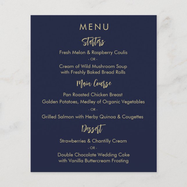 Cartão de Menu Azul Dourado de Casamento Marinho E (Frente)