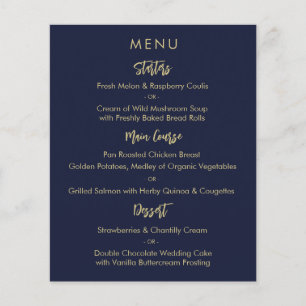 Cartão de Menu Azul Dourado de Casamento Marinho E