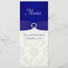 Cartão de menu azul e Casamento tema damasco marfi