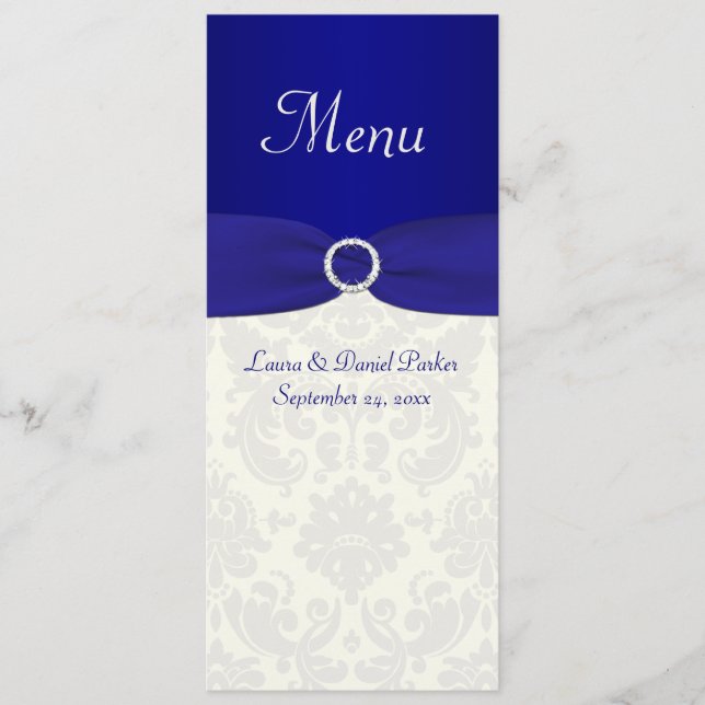 Cartão de menu azul e Casamento tema damasco marfi (Frente)