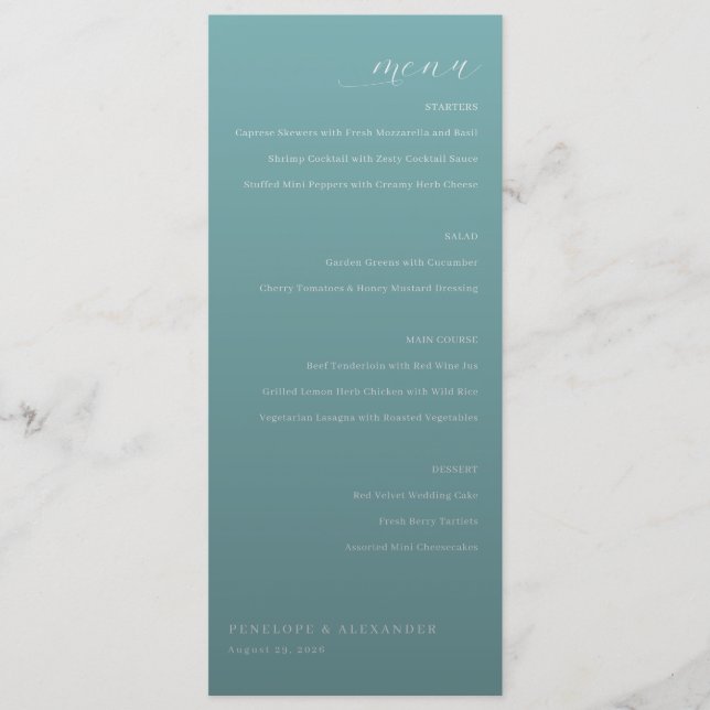 Cartão de Menu Azul Esmeralda Elegante (Frente)