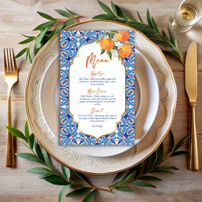 Cartão de menu azul laranja com aperto principal (Her Main Squeeze orange blue talavera tiles menu cards template bridal shower personalized decor)