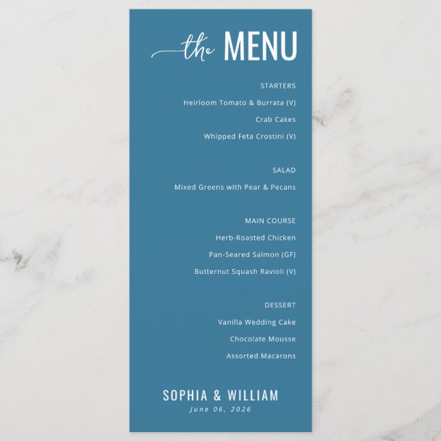 Cartão de Menu Azul Turquesa Elegante (Frente)