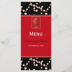 Cartão de Menu Blossomo de Cereja Vermelho e Preto