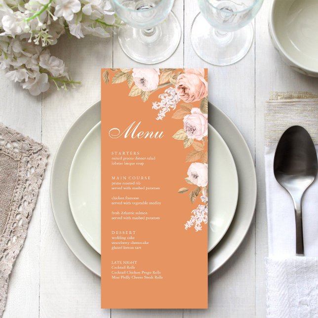 Cartão de Menu Boho Apricot Peonies (Boho Sage Green Peonies Wedding Menu Card on a boho white wedding dinner table.)