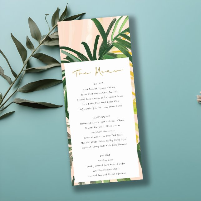 Cartão de Menu Boho Blush Green Palm Palm (Criador carregado)