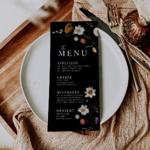 Cartão de Menu Boho Flor Silvestre Preto