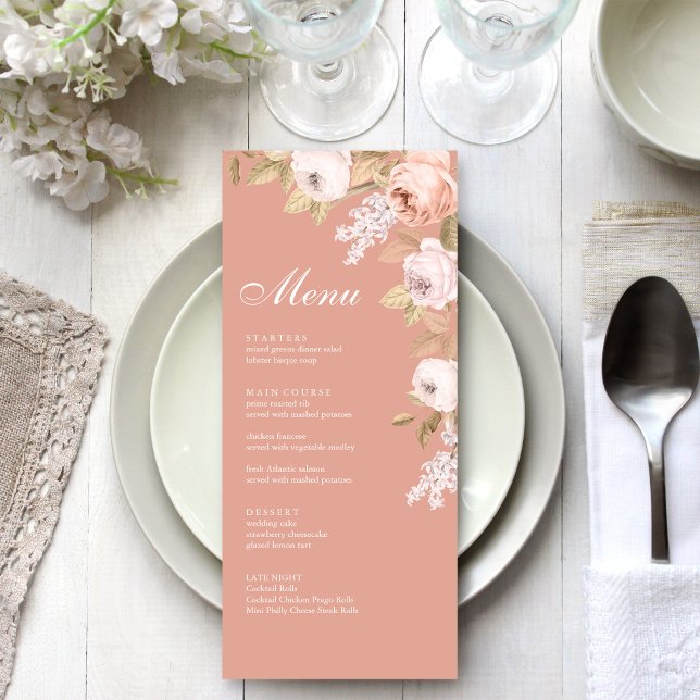 Cartão de Menu Boho Pink Peonies Wedding (Boho Pink Peonies Wedding Menu Card on a boho white wedding dinner table.
)