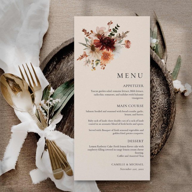 Cartão de Menu Boho Wildflower (Elegant Burgundy Floral Wedding Menu Card)
