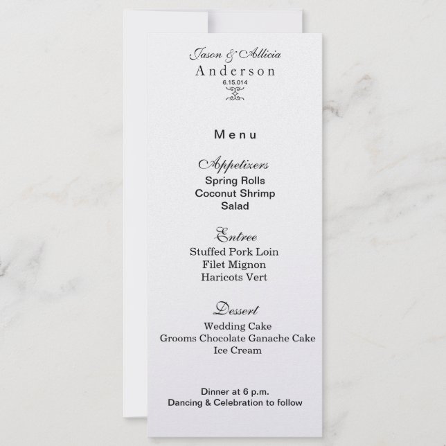Cartão de Menu Brilho de Gelo Branco para Casament (Frente)