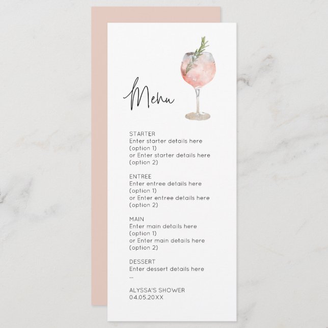 Cartão de Menu Casamento Cocktail, Cor d'Água, Ros (Frente/Verso)
